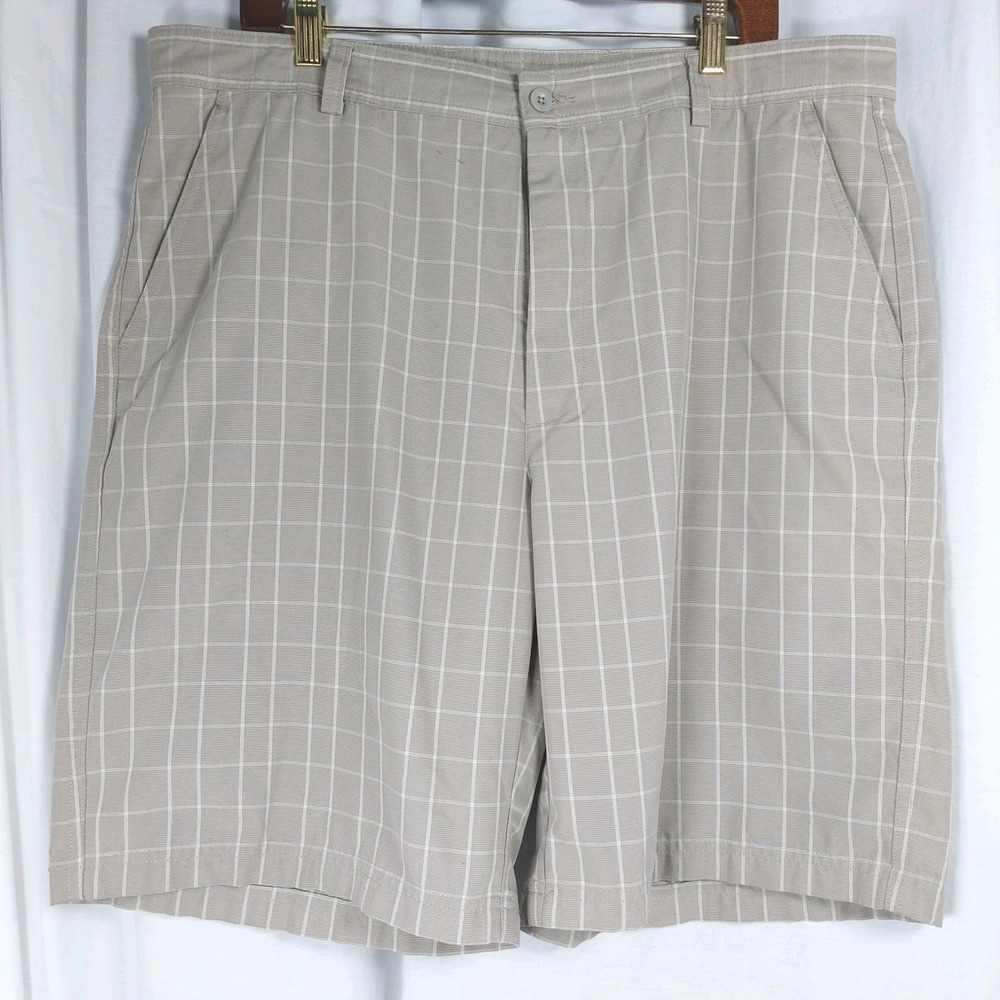 Bolle' Mens Golf‎ Shorts Sz 38 Tan White Check Flat Front Quick Dry *READ